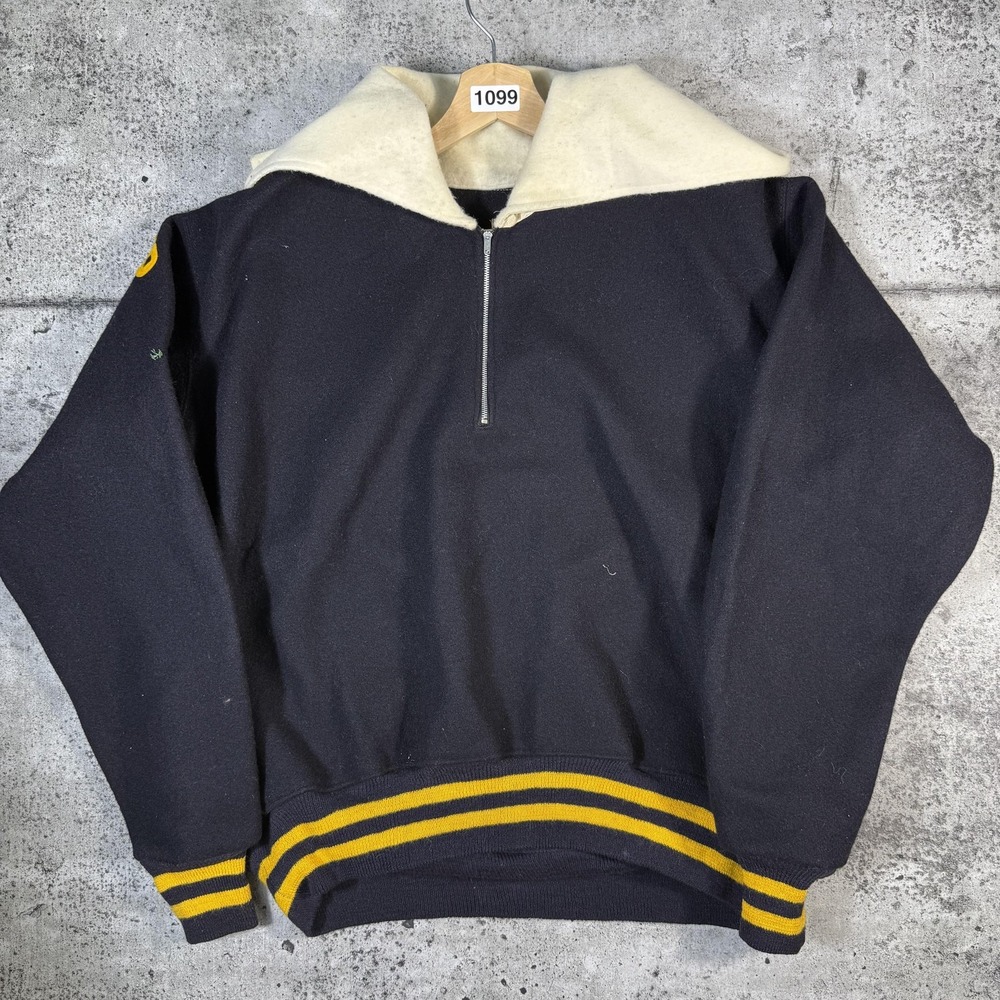 Vintage Empire Sweater Mens Large Navy Wool Zip Collar Tandem Varsity 50s